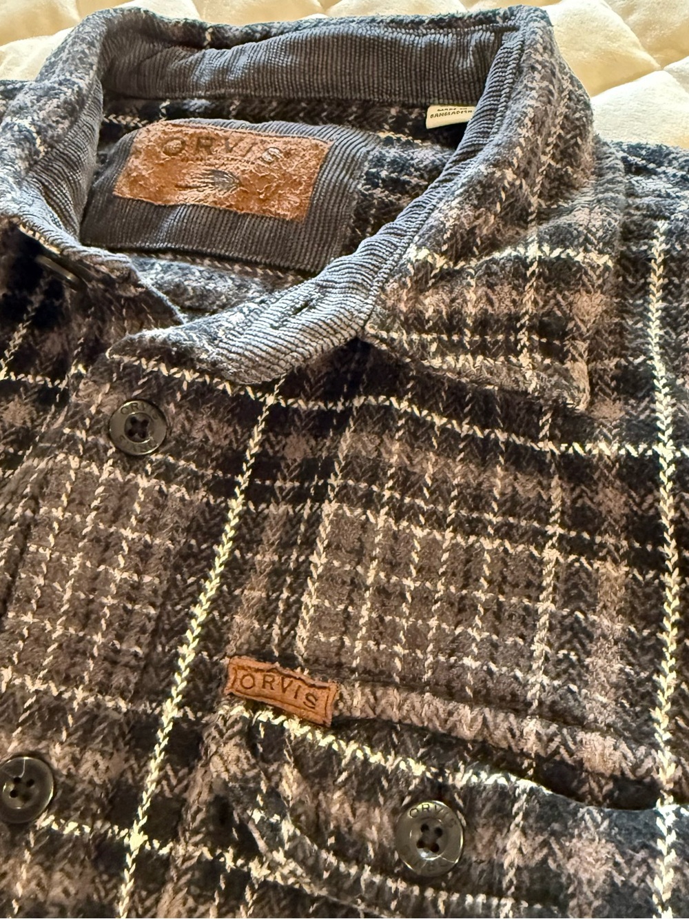 Orvis Men's Plaid Cotton Flannel Button Down Shirt Gray Black Tweed Fleece Sz XL